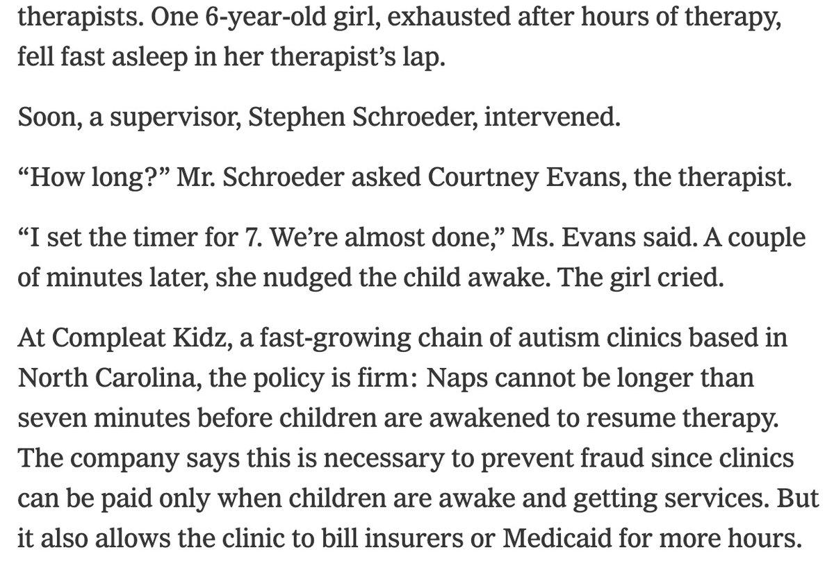 sarahkliff's tweet photo. Earlier this year, @sangerkatz and I wrote about a chain of autism clinics that were limiting preschoolers' naps to 7 minutes so they could bill more to Medicaid.

Yesterday, Medicaid rolled out new guidance to states that would address this type of billing behavior. https://t.co/iIU7p7kxYD