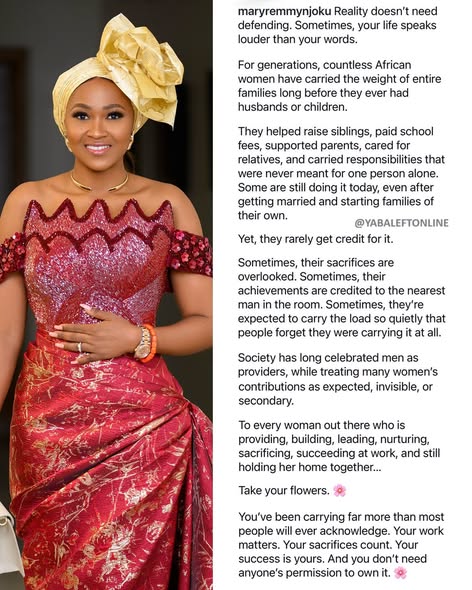 yabaleftonline's tweet photo. "Society has long celebrated men as providers, while treating many women's contributions as expected or invisible" – Actress, Mary Njoku critiques https://t.co/L7hPXle5Fa