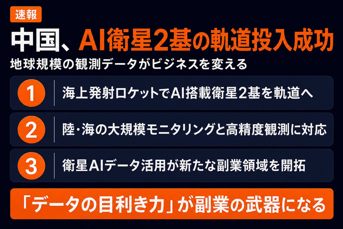massy_xlab's tweet photo. 中国、AIを搭載した衛星2基を海上ロケットで軌道���入に成功。
陸・海の大規模監視と高精度観測が可能な設計。

衛星AI×地球観測の組み合わせは、農業・物流・保険など「データを売るビジネス」の地図を塗り替える。
AI副業でも「どのデータを使うか」の目利き力が差になる時代。 https://t.co/GMTL8kqOms