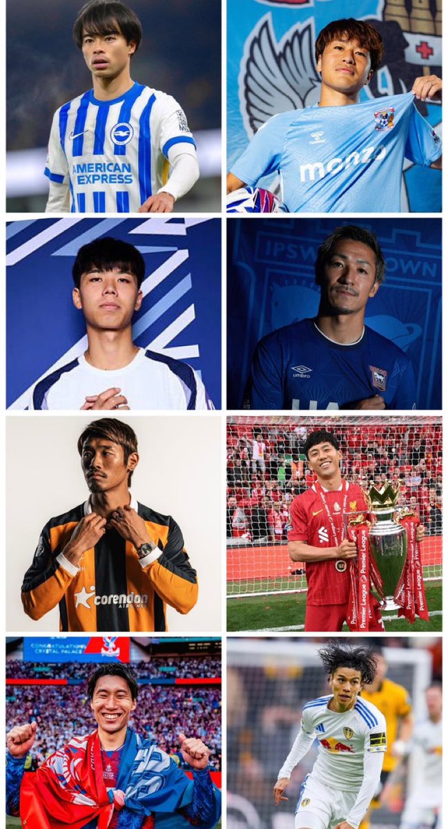 Fooootest's tweet photo. プレミアリーグに9人の日本人が集結🇯🇵🔥

▼

🔴遠藤航（リバプール）
🔵三笘薫（ブライトン）
⚪️田中碧（リーズ）
🔵鎌田大地（クリスタル・パレス） 
⚪️高井幸大（トッテナム）
🩵坂元達裕（コヴェントリー）
🟠守田英正 （ハル・シティ）
🔵前田大然（イプスウィッチ）

🔵冨安健洋（クリスタル・パレス）⌛️🔜