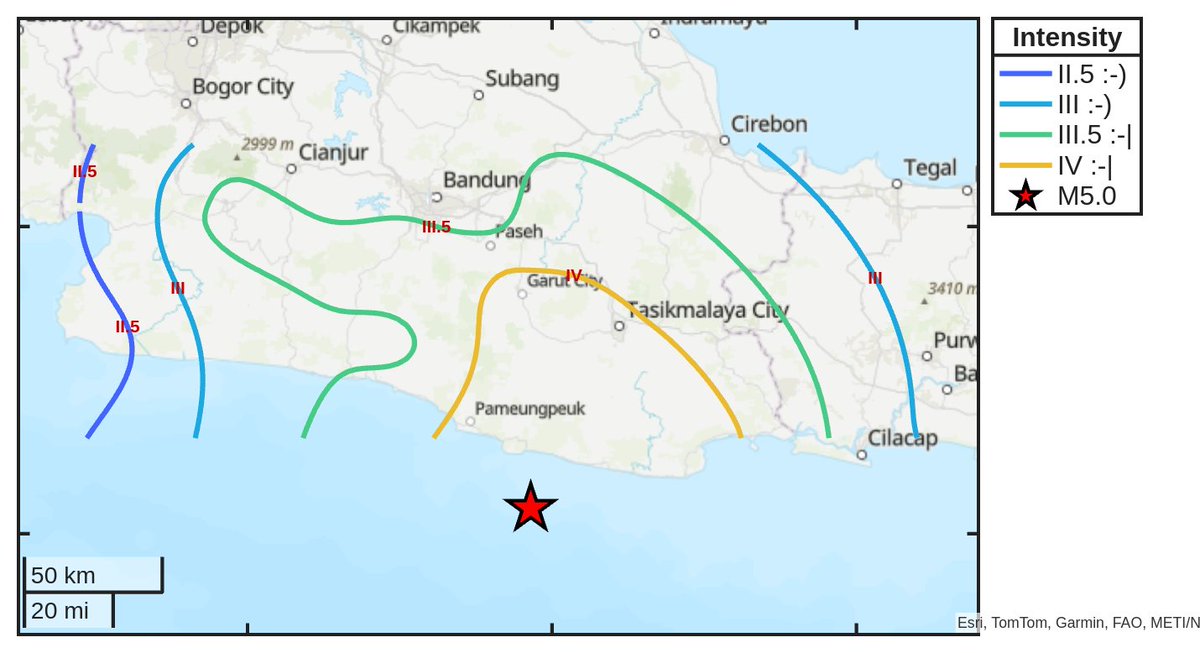 SismoDetector's tweet photo. Peta intensitas #gempa bumi M5.0 yang terjadi pukul 14:55:44 (UTC) dengan episentrum 71 km dari Kota Tasikmalaya, Indonesia. Unduh aplikasi Earthquake Network dari https://t.co/0mm1qTfKjd untuk menerima peringatan di ponsel cerdas Anda https://t.co/8RsUZ7Agxf