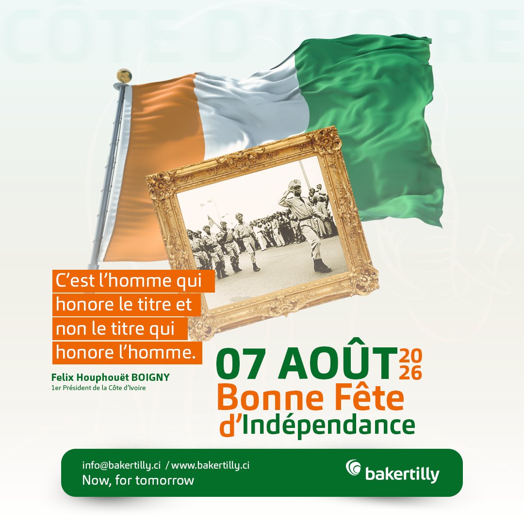 Baker_TillyCI's tweet photo. Indépendance de la Côte d’Ivoire

En cette Journée de l’Indépendance, nous adressons à tous les Ivoiriens nos vœux de paix, d’unité et de prospérité.

#BakerTillyCotedIvoire #CapitalHumain #CotedIvoire #CroissanceDurable #Paix #Unite #Prosperite #Engagement #FierteIvoirienne https://t.co/uOHb79umoo