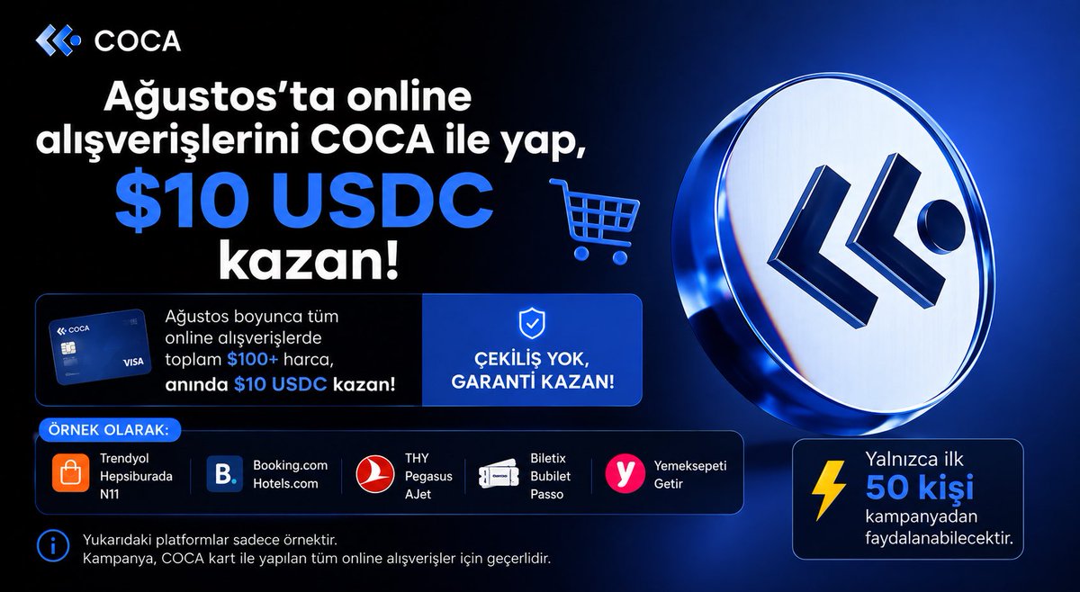 ArianFi's tweet photo. ☀️ COCA Kart ile Ağustos’ta toplam $100+ online harca, $10 USDC kazan! 💳

🎁 Çekiliş yok.
⚡ İlk 50 kişi kazanacak. https://t.co/KuUlFJqgdE