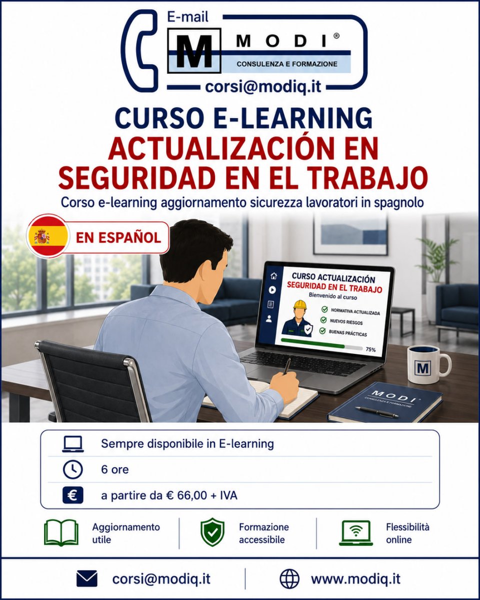 CorsiOnlineIta's tweet photo. Presentiamo il nuovo corso e-learning aggiornamento sicurezza lavoratori in spagnolo!

CURSO E-LEARNING ACTUALIZACIÓN EN SEGURIDAD EN EL TRABAJO

sempre disponibile in E-learning
🕒 6 ore
costo a partire da € 66,00+IVA

Per tutte le offerte formative https://t.co/uGqI9UZax5 https://t.co/l1PAazmGkl