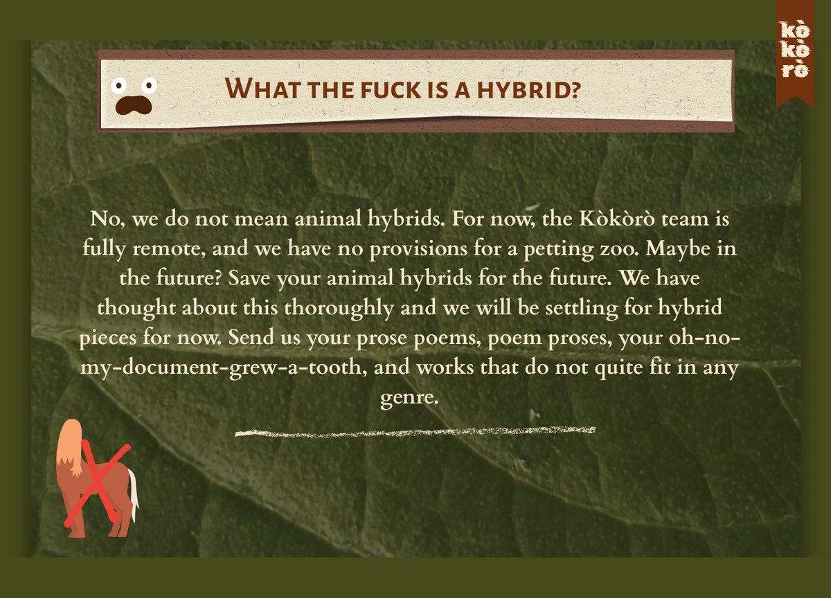Kokoromag's tweet photo. Word of the Day:
Hybrid Deficiency
/ˈhaɪ.brɪd dɪˈfɪʃ.ən.si/

(n.) The mysterious absence of hybrid submissions.

Sentence: Hybrid deficiency has 10 days left to exist.

So, If hybrid has been making you scratch your head, start here. https://t.co/lRZEjqeygG