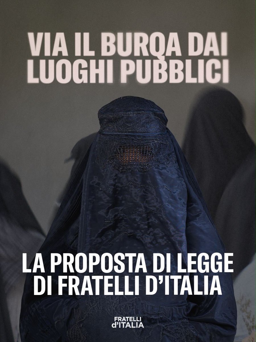 FratellidItalia's tweet photo. Vietare il velo integrale nei luoghi pubblici, negli uffici, nelle scuole e nelle università significa riaffermare un principio fondamentale: la dignità della donna e il rispetto dei valori della nostra società.

La proposta di legge di Fratelli d’Italia va in questa direzione, per garantire libertà, sicurezza e una vera integrazione, fondata sul rispetto delle nostre regole.

La convivenza passa anche dalla capacità di difendere i principi che ci uniscono.