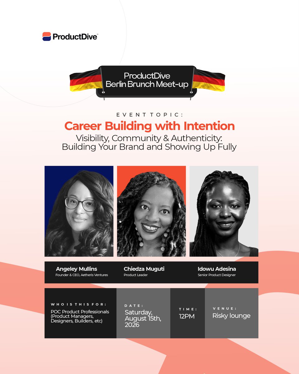 ProductDive's tweet photo. Build your career with intention 🚀

Join the ProductDive Berlin community for a conversation on Visibility, Community &amp; Authenticity

Date Saturday, August 15, 2026
Time: 12:00 PM
📍 Risky Lounge, Berlin

Reserve your spot today: https://t.co/11Kpqp8QJ5 https://t.co/Z4t75gpUbl