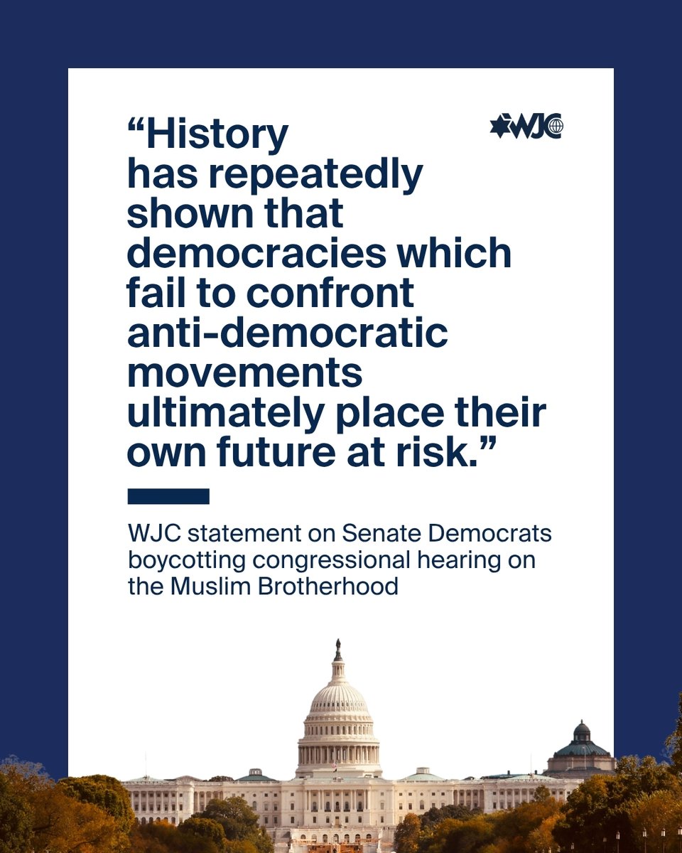 WorldJewishCong's tweet photo. Later today, the Senate Judiciary Committee’s Federal Courts subcommittee is having a hearing on confronting the Muslim Brotherhood network in America.

Democratic committee members announced they will not attend.

“America is great because it provides opportunity and safety to all those who adhere to its social contract. Refusing to confront or even discuss that threat of extremism does not make it disappear or make the broader Muslim community any safer. Rather, it allows destructive networks to spread and become more deeply entrenched," Sara Friedman, CEO of the World Jewish Congress-American Section, said in a statement.

The Muslim Brotherhood is widely regarded as a danger to democratic societies. In the United States, government agencies have gone so far as to designate branches of the group as a terrorist organization because of the direct threat it poses to global stability.

“History has repeatedly shown that democracies which fail to confront anti-democratic movements ultimately place their own future at risk," Friedman said.

Link to WJC's statement 👇
https://t.co/kztfElrjLV