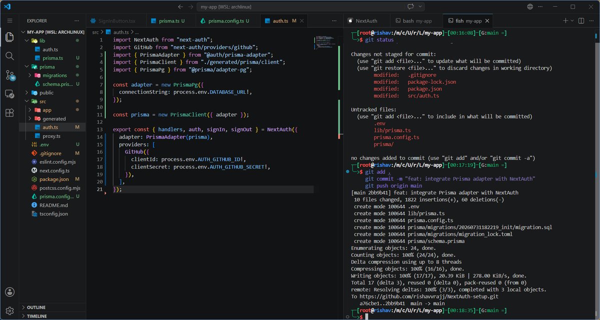 rishavvrajj's tweet photo. Most people think Prisma is just an ORM.

It's also your schema, migrations, type-safe client, and database workflow.

Prisma 7 makes the setup cleaner:
→ prisma.config.ts
→ Generated client
→ Better project structure

Learn the workflow, not just the syntax. https://t.co/KmEImCjXK0
