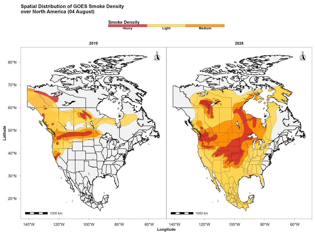 alihassansha12's tweet photo. π₯ Expanding Smoke Footprint over North America: GOES Satellite Comparison (2010 vs. 2026)
#WildfireMonitoring #SmokeMonitoring #AirQuality #EnvironmentalMonitoring #DisasterRiskManagement #GISConsultant #GISConsulting #RemoteSensingJobs #GISJobs #GeospatialJobs #RemoteGIS https://t.co/yxfvp3WrnT
