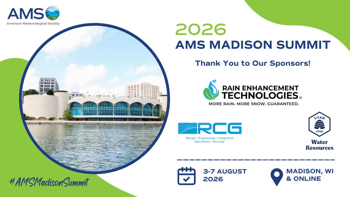 ametsoc's tweet photo. Huge thanks to our #AMSMadisonSummit sponsors, Rain Enhancement Technologies, Inc., Reston Consulting Group, Inc., and @UTWaterRights!

With strong support this week from both the public and private sectors, we’re advancing research, forecasting, &amp; atmospheric science together🤝 https://t.co/9x7UBcY6XI