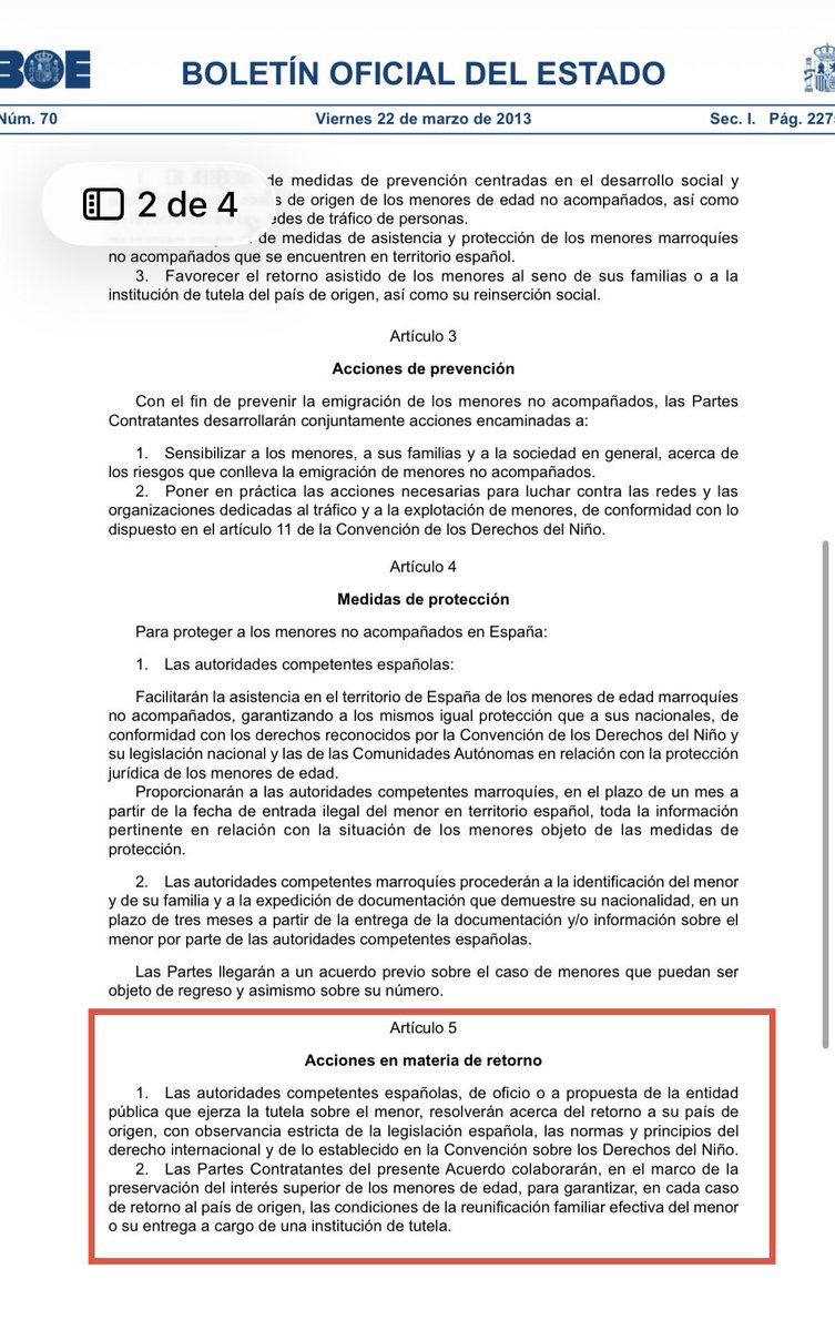 ALMA_EZCURRA's tweet photo. ¿Pero no estamos en el mejor momento de cooperación con Marruecos?

Pues que el Gobierno lo demuestre dando cumplimiento al Acuerdo sobre cooperación en materia  de prevención de la emigración ilegal de menores, su protección y vuelta concertada de 2007

Artículo 5, pasen y lean 👇