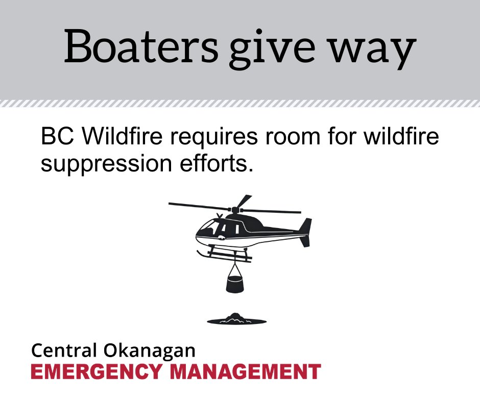 CO_Emerg's tweet photo. @BCGovFireInfo continues to respond to the Quilpituk Creek wildfire in Central Okanagan Electoral Area West. Boaters must stay well clear of all firefighting aircraft. Give aircraft the space they need to work safely and effectively. https://t.co/lsVdcLoOLl https://t.co/3fShbO5x6Y