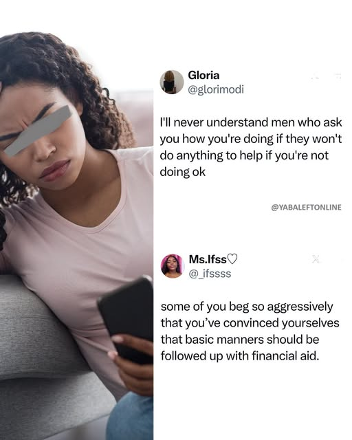 yabaleftonline's tweet photo. "I'll never understand men who ask you how you're doing if they won't do anything to help if you're not doing ok" – Lady says https://t.co/WibWIB9XeD
