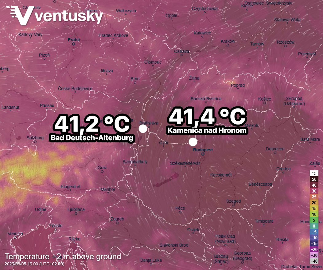 Ventuskycom's tweet photo. Two European countries have reported new all-time temperature records today. 🥵🥵 In Austria, a temperature of 41.2°C was measured east of Vienna. In Slovakia, the new national record stands at 41.4°C. Temperatures above 40°C are exceptionally rare and represent truly extreme heat in both countries. 🧐