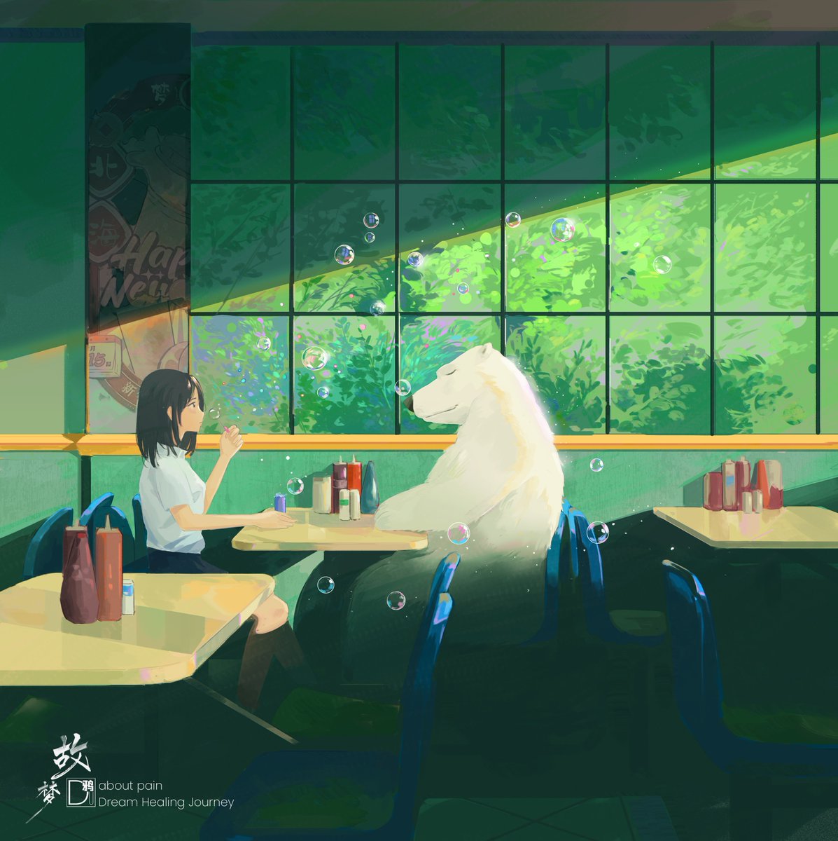 wangpan71218497's tweet photo. Summer green, floating bubbles, and a quiet dream 🐻‍❄️🧼✨Capturing a warm, nostalgic afternoon sunbeam for my personal series "Dream Healing Journey."💖 Lovingly hand-drawn from sketch to finish.#VtuberArt #Illustration #ArtDrop https://t.co/KMdQQR20nK