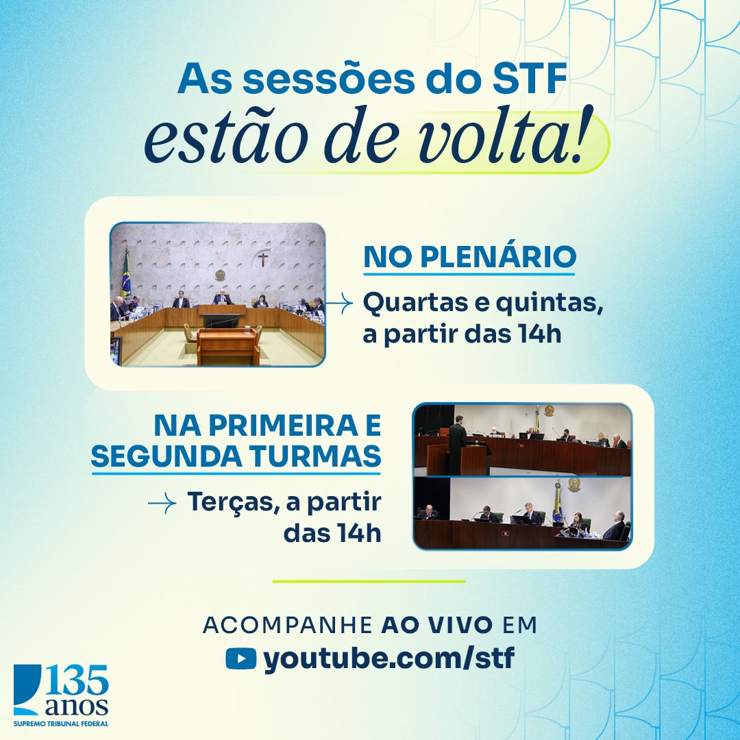 STF_oficial's tweet photo. ✅ O segundo semestre de julgamentos no STF já começou! E você pode acompanhar as sessões do Plenário e das Turmas AO VIVO pelo nosso canal no YouTube: https://t.co/UGllnzybIe

#PraTodosVerem: contém descrição da imagem https://t.co/ipvRpDlu3O