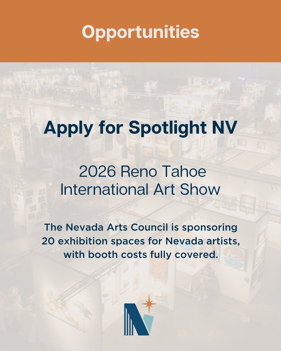 nvartscouncil's tweet photo. Nevada artists: Apply for Spotlight NV, presented by the Nevada Arts Council, to exhibit at the 2026 RTIA Show Sept. 17–20. Twenty artists receive funded exhibit space. 

Apply by Aug. 15: [LINK] https://t.co/RA9yapC9Kx

#NevadaArts #NevadaArtists https://t.co/9j27kftXYt