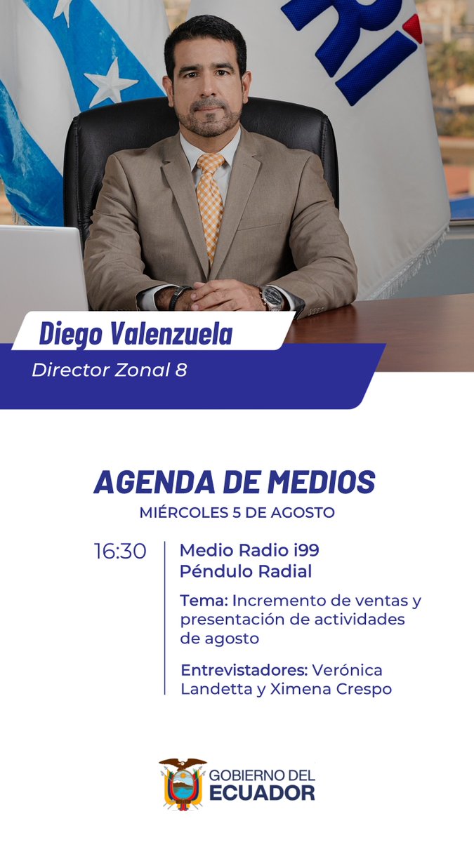 DValenzuelaSRI's tweet photo. Hoy a las 16:30 estaremos en el programa @PenduloRadial de @Radio_i99 donde informaremos sobre la agenda de actividades del SRI en la Zona 8 y el incremento de las ventas durante julio. 

📻  98.9 FM 
🛜  https://t.co/532wdBTMrK https://t.co/Grkm89ERzN