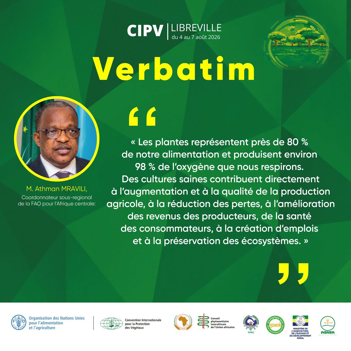 FAOAfriqueCent's tweet photo. Atelier régional Afrique #CIPV
le Dr Athman Mravili, Coordonnateur du Bureau sous-régional de la FAO pour l'Afrique centrale, a rappelé le rôle essentiel des plantes dans notre alimentation, notre santé, nos économies et la préservation de nos écosystèmes
@agasa_gabon 
@ippcnews https://t.co/9Ln1YQIVZF