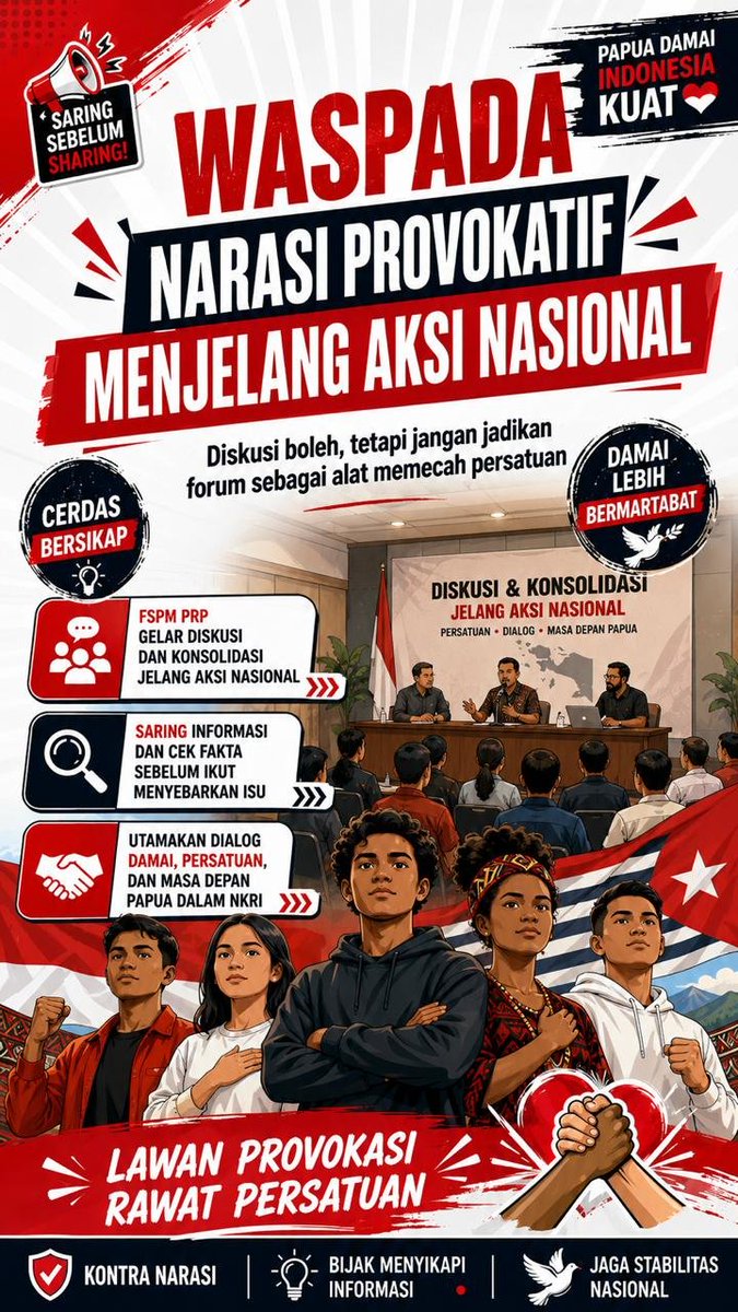 novit65677's tweet photo. Waspada Narasi Provokatif Menjelang Aksi Nasionaĺ
Diskusi dan konsolidasi hendaknya menjadi ruang bertukar pandangan secara sehat, bukan sarana menyebarkan informasi provokatif.
#SaringInformasi #RawatPersatuan #PapuaSejahtera #DamaiItuKuat #JagaStabilitas https://t.co/JzYVUKFe4C