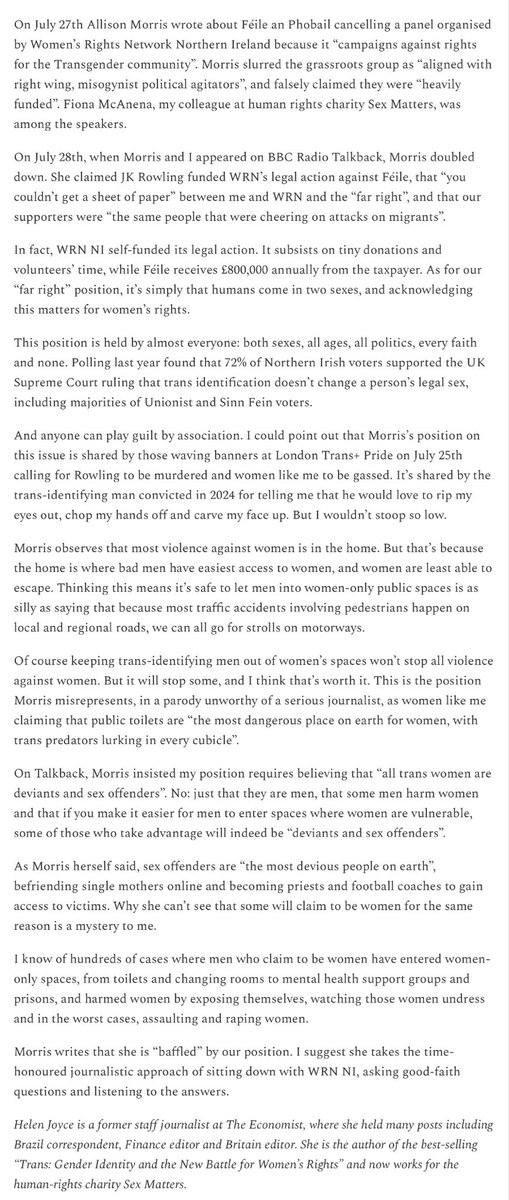 ArdsBrexit's tweet photo. The excellent Dr @HJoyceGender’s op-ed in reply to @AllisonMorris1’s article on the cancellation of the @ni_wrn event by @feilebelfast. As the @BelTel wouldn’t publish it, please circulate it freely. https://t.co/WsvEv7euuy