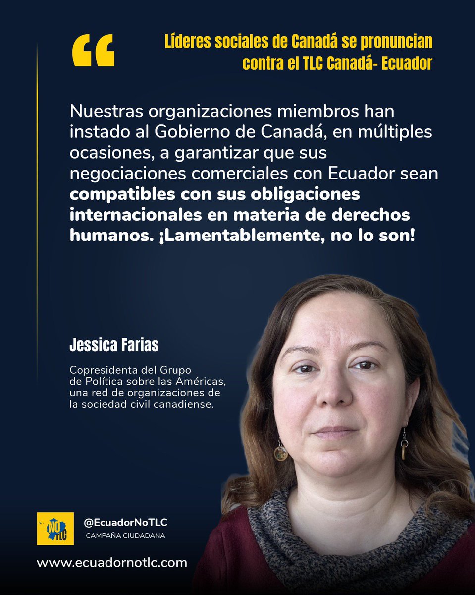 EcuadorNoTLC's tweet photo. Jessica Farias, copresidenta del Americas Policy Group, denuncia que el Gobierno de Canadá ignora los llamados de organizaciones de la sociedad civil para que el TLC con Ecuador respete las obligaciones internacionales en materia de derechos humanos.
#EcuadorNoTLC https://t.co/cdlsVQOHbm