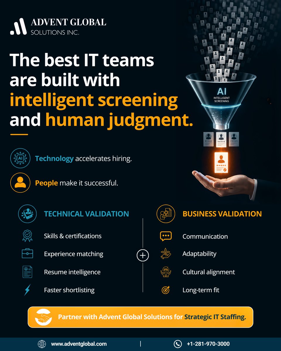 Advent_Global's tweet photo. Building exceptional IT teams takes more than matching keywords on a resume.

At Advent Global Solutions, we follow a structured hiring approach that balances intelligent screening with expert human evaluation.

The result is faster hiring, better talent alignment, and teams that are built for long-term success not just immediate vacancies.

#AdventGlobalSolutions #ITStaffing #TalentAcquisition #TechRecruitment #StrategicHiring #DigitalTransformation #FutureOfWork #WorkforceSolutions #TalentManagement