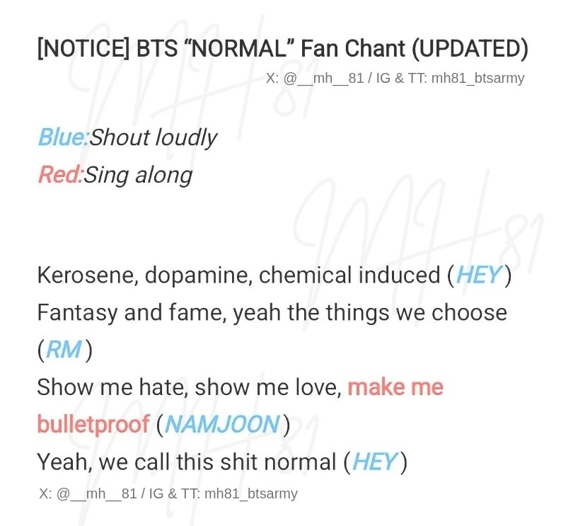 __mh__81's tweet photo. ARMYYYY... make sure you guys practice the updated fan chant for NORMAL 🙏🏼
(updated pic from my original post since the idea is apparently traveling beyond my reach 😄) https://t.co/fAkuShgwlV