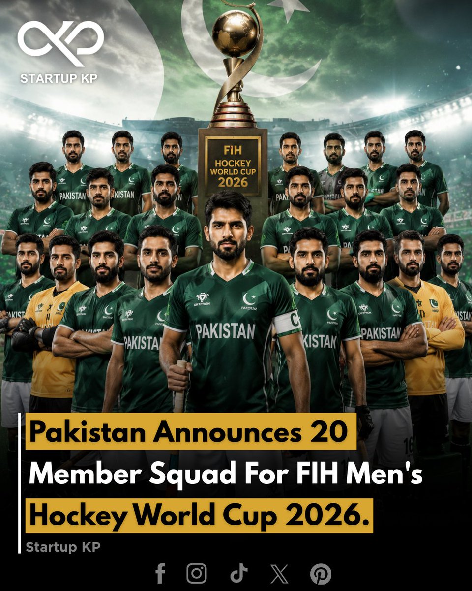 theStartupkp's tweet photo. Pakistan has officially announced its 20-member squad for the FIH Men's Hockey World Cup 2026, selecting a blend of experienced campaigners and promising young talent. 

#thestartupkp #PakistanHockey #HockeyWorldCup2026 #TeamPakistan #hockey #SportsNews  #BreakingNews https://t.co/dadRTNWG1w