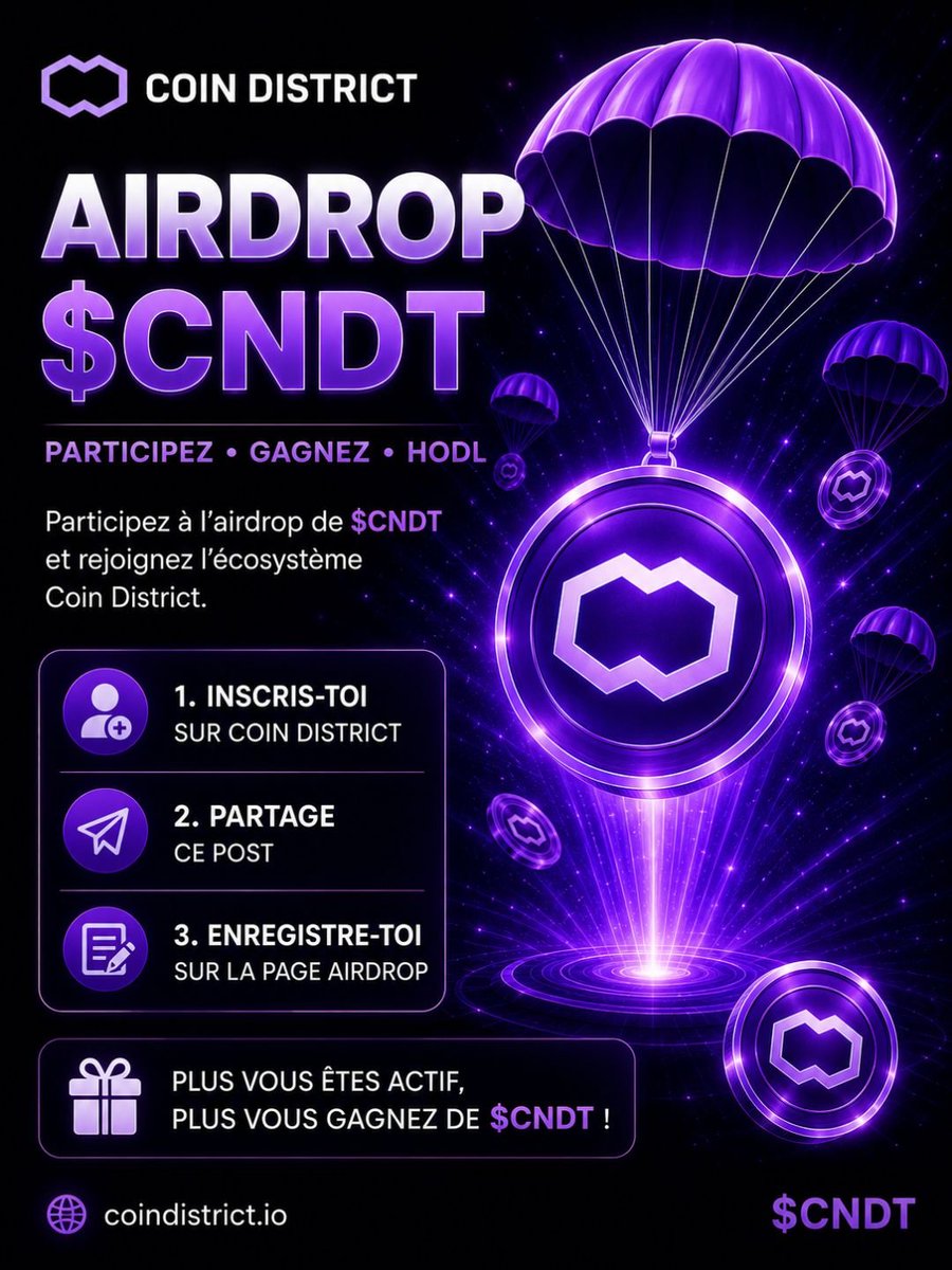 cdc_b972's tweet photo. 🚀 Le airdrop du $CNDT est en direct ! 🎁

Rejoignez l'écosystème Coin District et réclamez vos jetons $CNDT gratuits !

#CoinDistrict #CNDT #Airdrop #Web3 #Crypto #RWA #Polygon #Tokenisation https://t.co/FHxrrxHS6O
