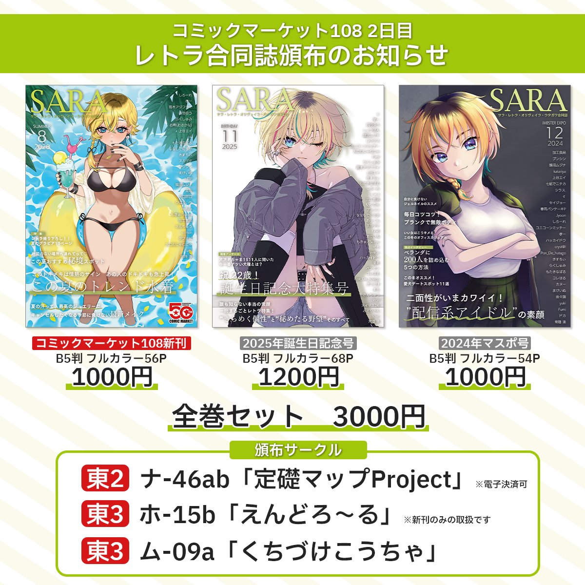 hitachi_minato's tweet photo. ⚡⚡C108のお知らせ⚡⚡

コミックマーケット108 2日目（8/16）にレトラ合同誌 C108号を頒布します！

既刊2種とのお得なセットもありますので、是非この機会にお手に取っていただけますと幸いです。 
頒布サークルは添付画像をご覧ください。   

#ヴイアラ #れとらぶ #レトグラム https://t.co/S3rtCOmNG1