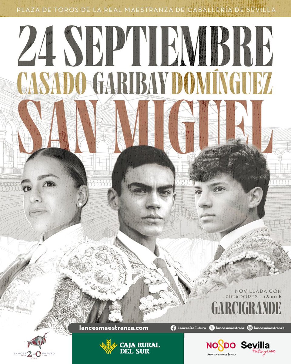 LancesMaestranz's tweet photo. 🗓️ Feria de San Miguel en #Sevilla

🎟️ Ya puedes sacar tus entradas en https://t.co/oX1HTALbYN 
Arrancamos con la novillada con el hierro de 🐂 Garcigrande.

✅ Olga Casado
✅ Ignacio Garibay
✅ Manuel Domínguez, que debuta con picadores

📆 jueves, 24 de septiembre
⏰ 18.00 h https://t.co/lSQBPBLwx8