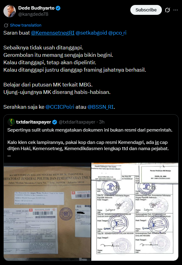 txtdaritaxpayer's tweet photo. ternyata counternya: (((jangan ditanggapi)))

padahal semua dokumentasinya sudah jelas. 
>amplop resmi
>kop resmi
>cap resmi
>tanda tangan pejabat

kalo mau clear sih udah jelas semua siapa yang terlibat.
kecuali karena takut kalo kebenaran terungkap😂

@unilubis @chichafrancisca silahkan para jurnalis melanjutkan investigasi yang udah dimulai oleh @Txtdariiugm 

*sengaja ga pake quotetweet biar gw kasih anyep buzzer komisaris