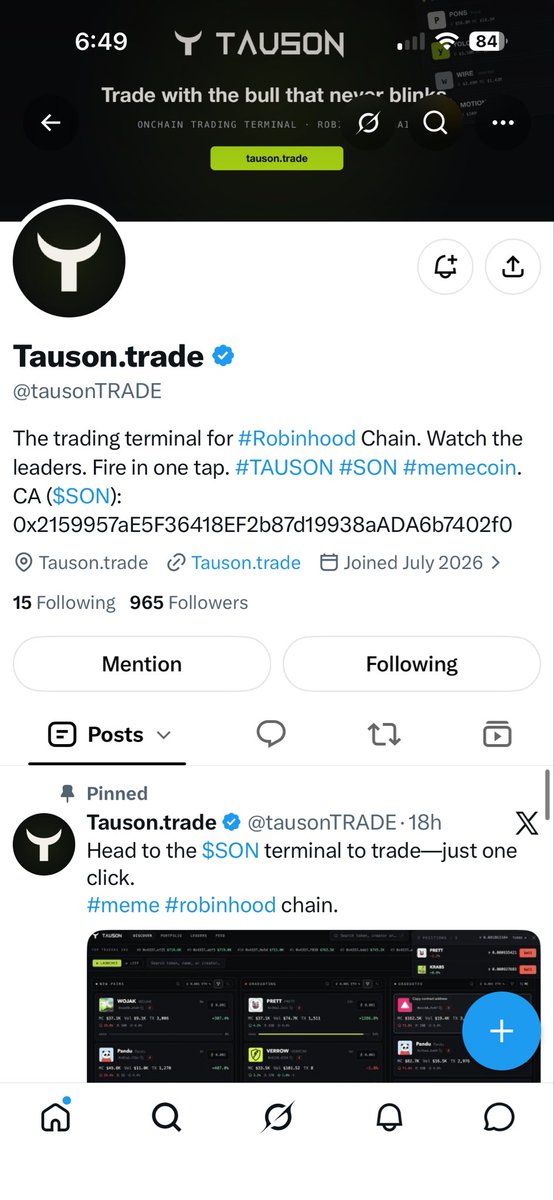 KuangTheng's tweet photo. Most trading terminals try to do everything.

https://t.co/FMTa2ckXMa does one thing extremely well:

Robinhood Chain.

While other platforms are busy supporting 10 chains and drowning in noise, @tausonTRADE is built specifically for the trenches of Robinhood.

What makes it different:

• Watch the leaders in real time  
• One-tap execution  
• Clean, fast interface designed for speed  
• No unnecessary clutter

This is not another generic multi-chain terminal.
It’s a focused weapon for Robinhood Chain memecoins.

$SON is the native token powering the terminal.

CA: 0x2159957aE5F36418EF2b87d19938aADA6b7402f0

Trade with the bull that never blinks.