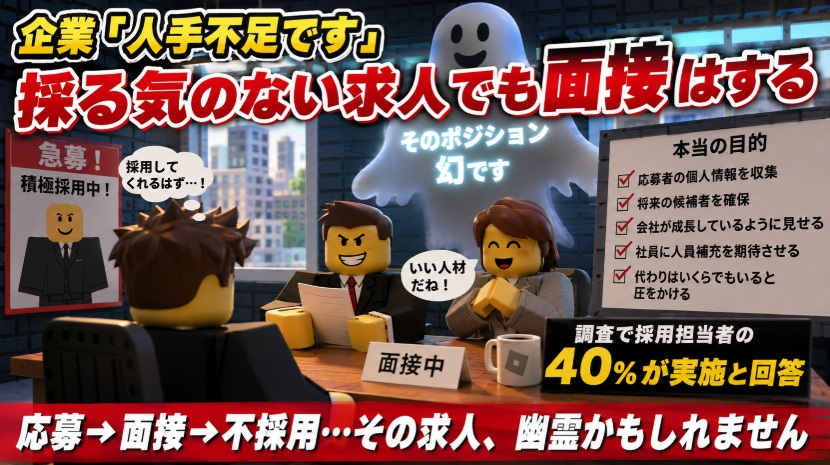 SekenBug's tweet photo. 海外では採る気のない求人を「ゴーストジョブ」と呼ぶらしい
募集だけ出して候補者を集めたり社員に「人員補充中です」と見せたり会社が成長している雰囲気を出したりする
面接まで呼ばれて不採用
なお最初から席はなかった模様👻

#ゴーストジョブ https://t.co/0kD9rNjtCB