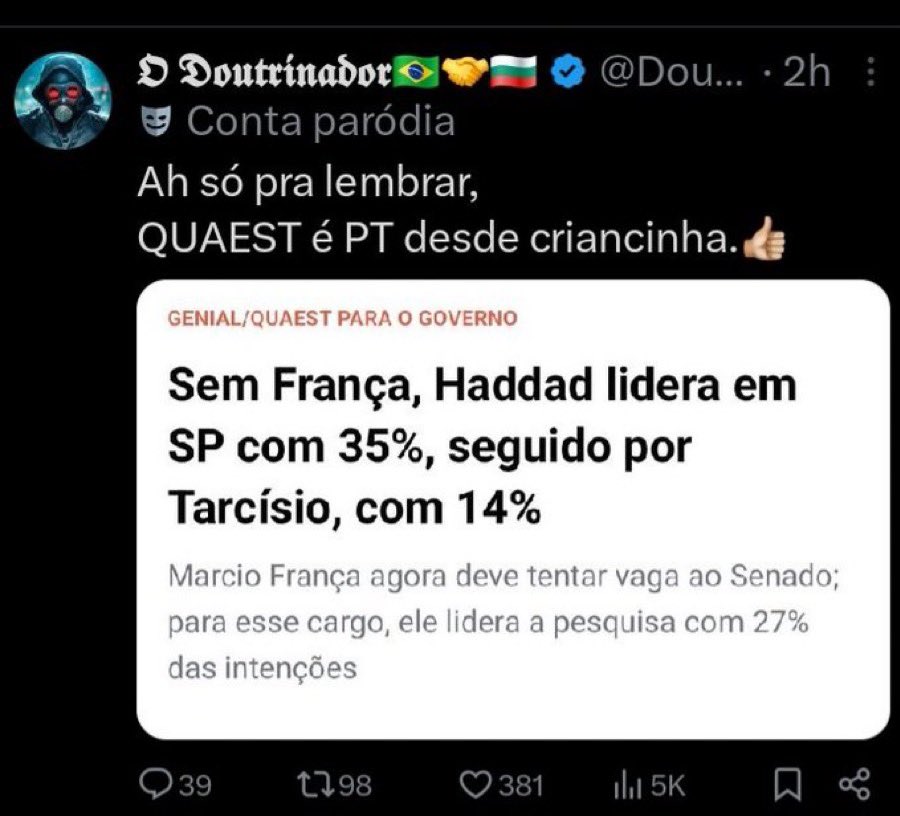 valnasa's tweet photo. @Estadao A Quaest dizia que Haddad ganhava do Tarcísio 
Kkkkkkkkkkkk https://t.co/LVauCiKffr