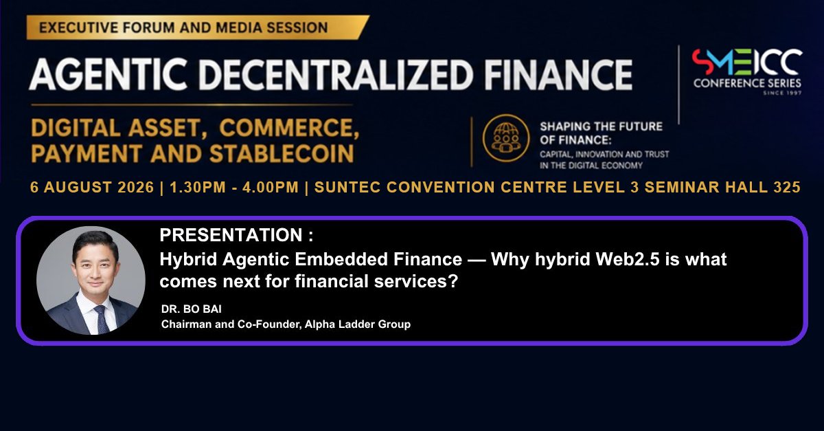 MetaCompHQ's tweet photo. None of these three technologies changes much alone. Together they change the stack.

Dr Bo Bai (@MetacompBo), Executive Chairman & Co-Founder of Alpha Ladder Group (@AlphaLadderHQ), delivers his keynote at the Agentic Digital Asset Forum — AI, stablecoins and tokenised real-world assets, and what happens when all three arrive at once.

🎙 Hybrid Agentic Embedded Finance — Why hybrid Web2.5 is what comes next for financial services?
📅 6 August | ⏰ 1.45PM | 📍 Suntec Convention Centre, Level 3, Seminar Hall 325

#AgenticFinance #MetaComp #SMEICC