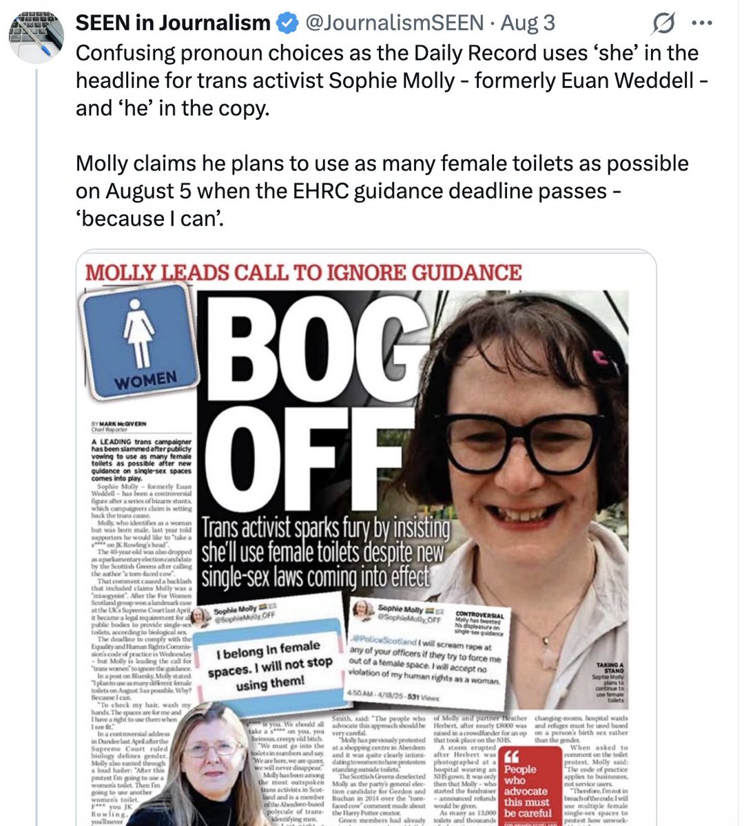 Mark1957's tweet photo. An obnoxious little man named Euan Weddell regularly harasses females by invading single sex spaces reserved for women and girls - and claims to be 'destroying women's rights'  

Yet the Daily Record refers to this creep as 'she' - how completely absurd!

@JournalismSEEN https://t.co/zrwqOsoRSE
