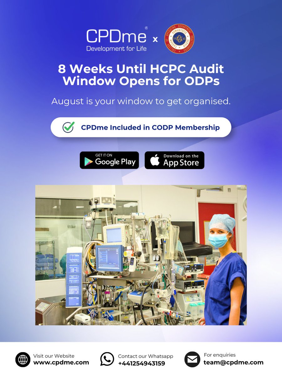 cpdme's tweet photo. 📅 8 weeks until the HCPC audit window opens for Operating Department Practitioners 🚑 

CODP members already have CPDme included in your membership.

🔗 https://t.co/VkUipuZD5G
📞 +44 1254 943159
📧 team@cpdme.com

#CPDme #CPDMadeSimple #CPDPortfolio #WeAreODPs #CODPLeadsChange https://t.co/ad9YBOScJh