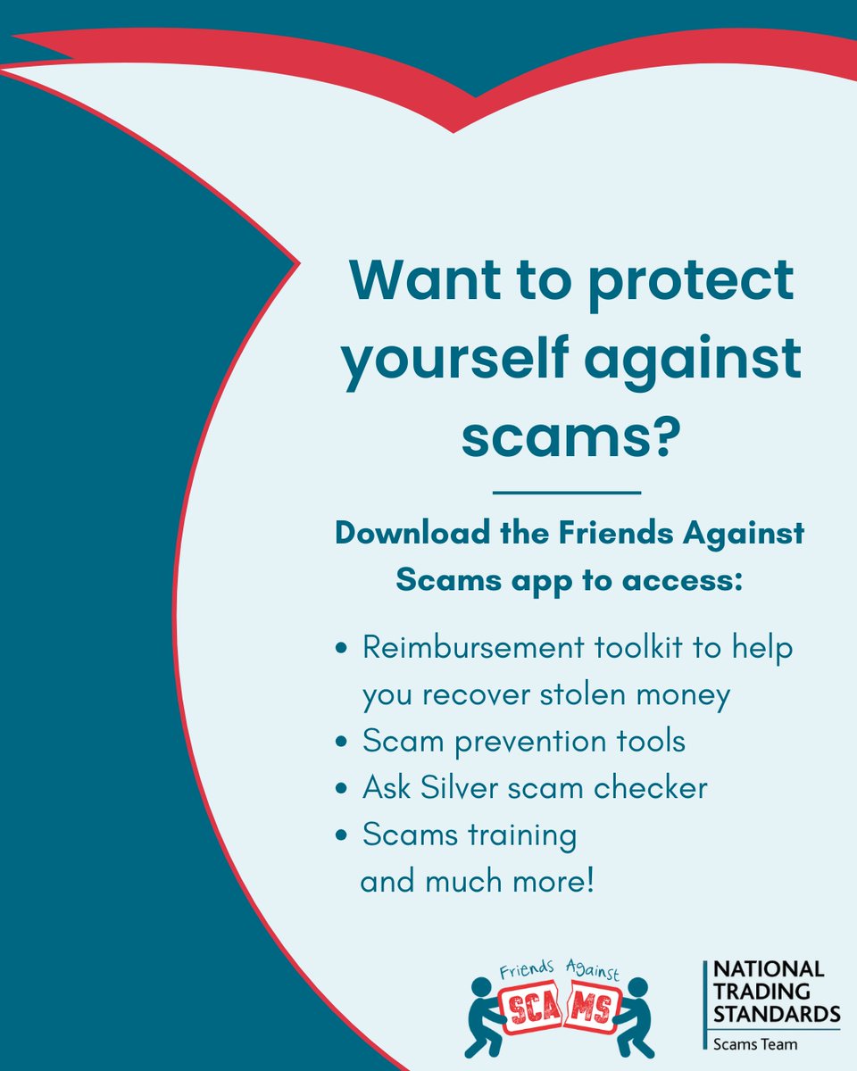 Bucks_Safety's tweet photo. Want to protect yourself from scams?
Download the Friends Against Scams app to access helpful tools, scam training & support to keep you & others safe. Get prevention tips, a scam checker & recovery guidance, all in one place.
https://t.co/Q4Kav99J1z
#scamaware https://t.co/oSIkbSjDHS