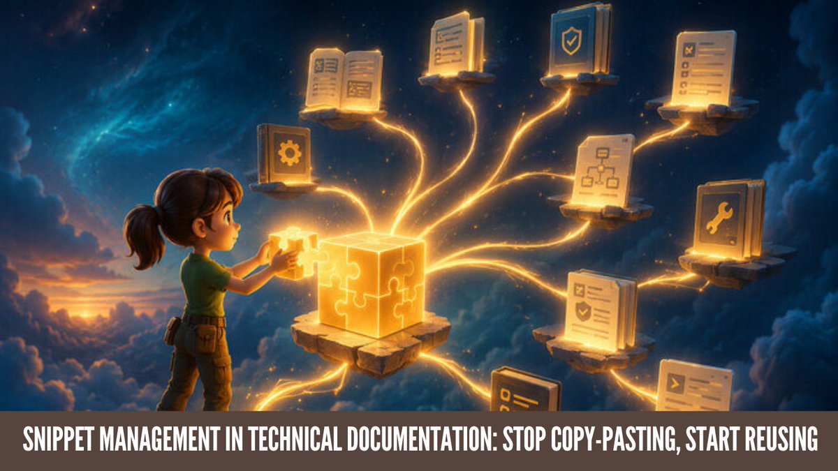ClickHelpNews's tweet photo. Same warning copied into 40 topics. Product changes, and now you're hunting down 40 places to fix it.
Snippets fix this: write the block once, insert it everywhere, update the source when things change.
Read more → https://t.co/ZNHEIvvqbY
#TechWriting #DocumentationManagement https://t.co/7mBIh2qIew