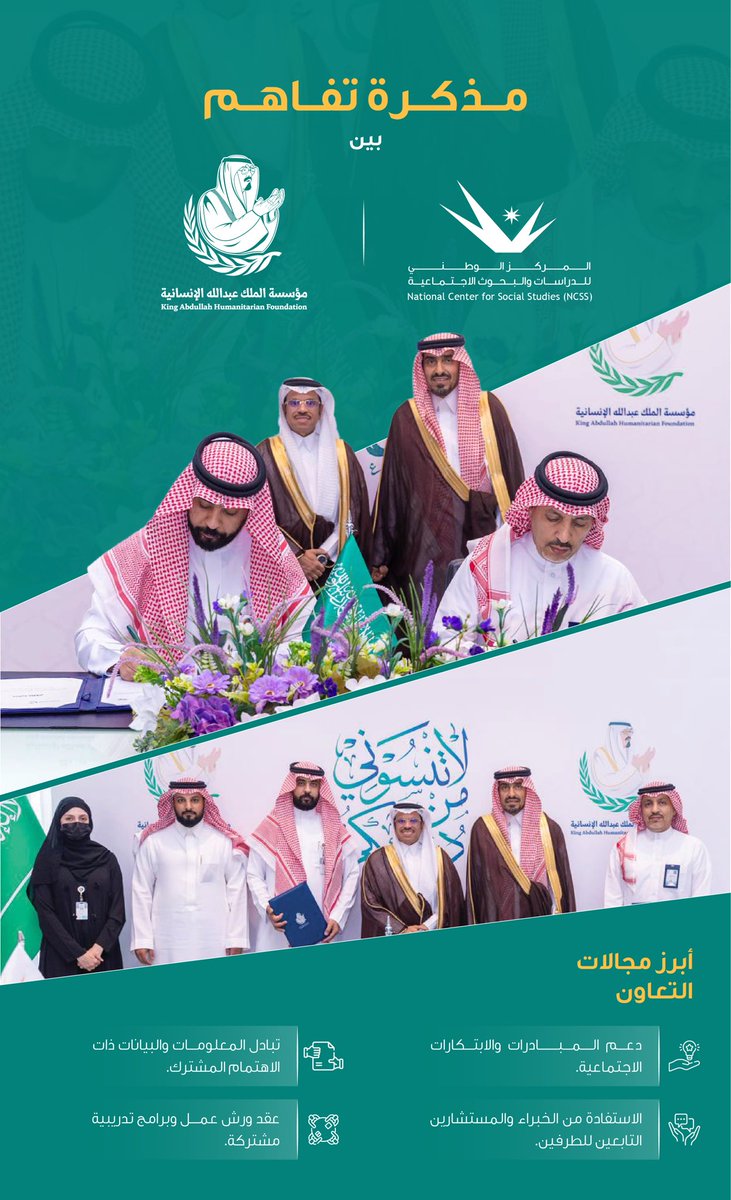 NCSSKSA's tweet photo. في خطوة تعزز التعاون وتبادل المعرفة في المجالات المجتمعية، وقّع المركز مذكرة تفاهم مع مؤسسة الملك عبدالله الإنسانية @KAHFORG ، لتوسيع مجالات الاستفادة من الخبرات والإمكانات المشتركة، وتطوير مبادرات نوعية تسهم في تحقيق أثر تنموي مستدام. https://t.co/d43o2m7gcf