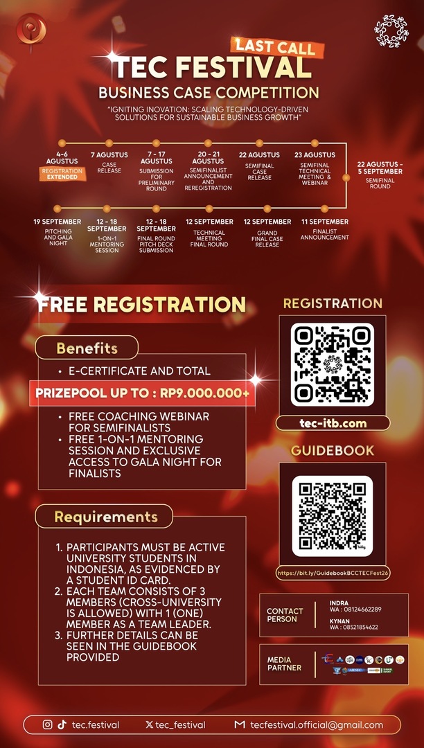 ganesaspace's tweet photo. ‼️ LAST CALL BCC TEC FEST 2026 ‼️
Solve real corporate cases with TEC ITB! 🚀

🗓 Deadline: Aug 6, 2026
🏆 Perks: Webinars, 1-on-1 Mentoring, Company Visit, and Gala Night
🌐 Register: https://t.co/eWgPViNcWy
📖 Guidebook: https://t.co/ptszgtEim4

Take your step today! ⚡️ https://t.co/kxkl9hn5Ps