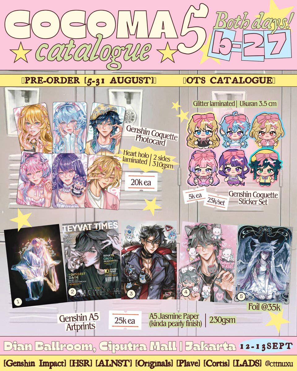 cttnuxuu's tweet photo. (1/2) [💗+🔁 are appreciated ୧⍤⃝💐]

Cttnuxu’s #COCOMA5 PO &amp; Mail Order

📅 Period: 5 - 31 August 2026
🛒Pick up/Mail order via oren
📍Booth [B-27 &amp; 28]
📎 Originals | Genshin | HSR | ALNST | Love &amp; Deepspace | Plave | Cortis

More info &amp; 🔗 below!

#cocoma5catalogue #cocoma https://t.co/TbxH80tQbz