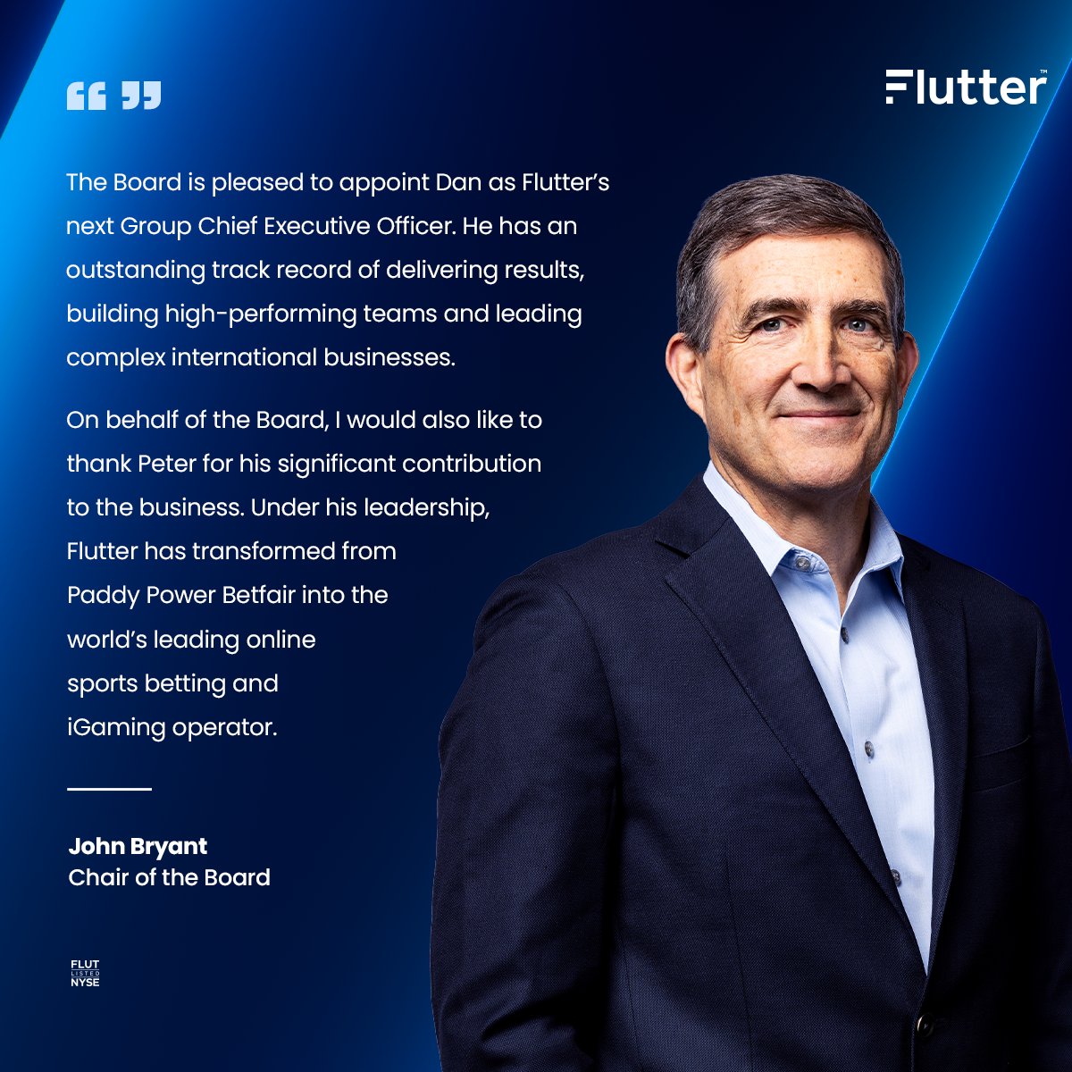 FlutterEnt's tweet photo. As part of our Q2 2026 earnings release today, we’ve announced the appointment of a new Group CEO, Dan Taylor, effective from the start of October. Peter Jackson will step down at the end of September and will remain an advisor through to the end of the year. $FLUT