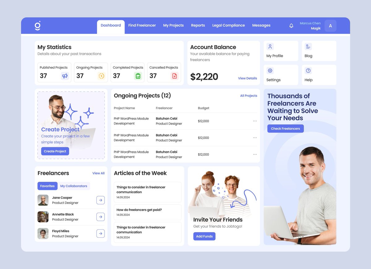 SarpSusuzer's tweet photo. Jobtogo isn't just a job board. It's the operating system for both sides of a freelance deal.

Companies get matching, contracts, tracking, invoicing, and payments in one dashboard. Freelancers get a place to find work, bid, negotiate, and get paid — even without a company to bill through.

Designing for two very different users, in one product, was the real problem. Here's where we landed.