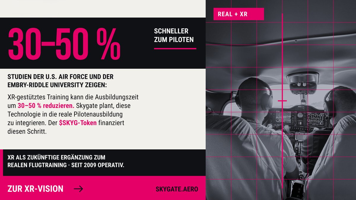 SkygateNetwork's tweet photo. U.S. Air Force &amp; Embry-Riddle University: 
XR-Training kann die Ausbildungszeit um 
30–50 % reduzieren.  

Skygate plant, genau das in die reale 
Pilotenausbildung zu bringen.  

Der $SKYG-Token finanziert den Aufbau.  
https://t.co/I89e4GA0eT  

#SKYG #XR #Aviation #FutureTech https://t.co/4A0mFcHl27