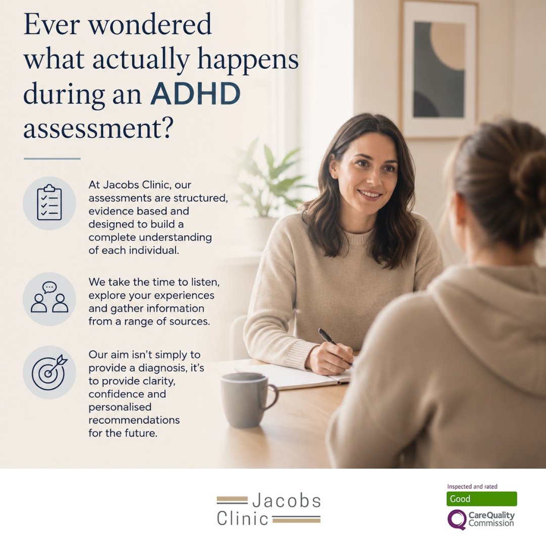 JacobsClinic's tweet photo. Ever wondered what actually happens during an ADHD assessment?

At Jacobs Clinic, our assessments are structured, evidence based and designed to build a complete understanding of each individual. https://t.co/6wPCz35qh0