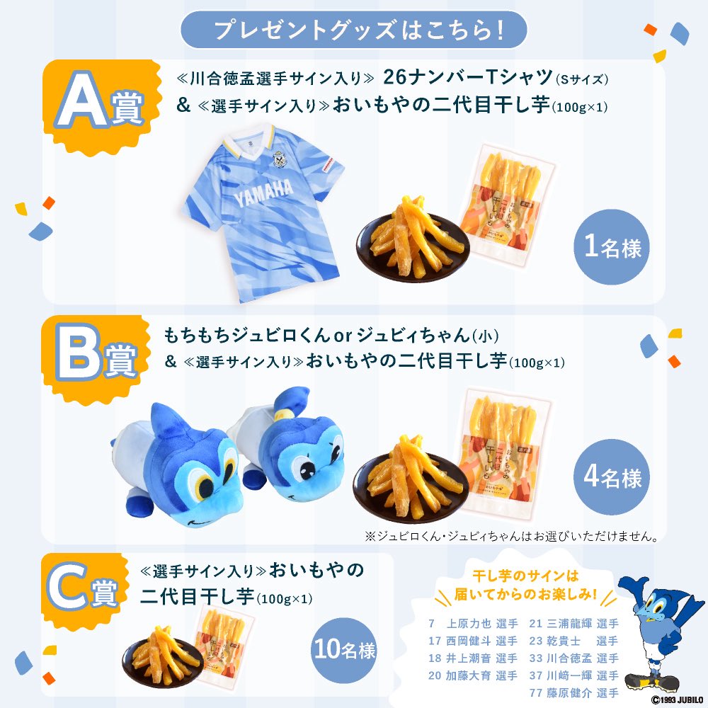 oimoya_com's tweet photo. A賞：≪川合徳孟選手サイン入り≫
26ナンバーTシャツ ＆≪サイン入り≫干し芋100g   B賞：もちもちジュビロくん・ジュビィちゃん（小） ≪サイン入り≫干し芋100g   C賞：≪サイン入り≫干し芋100g  
皆様のご応募お待ちしております🎶   応募方法：おいもや( @oimoya_com )をフォロー＆RT https://t.co/XhIM8zduxH